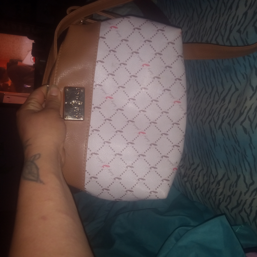 Baby Phat Tan and White Shoulder Bag with Structured Design